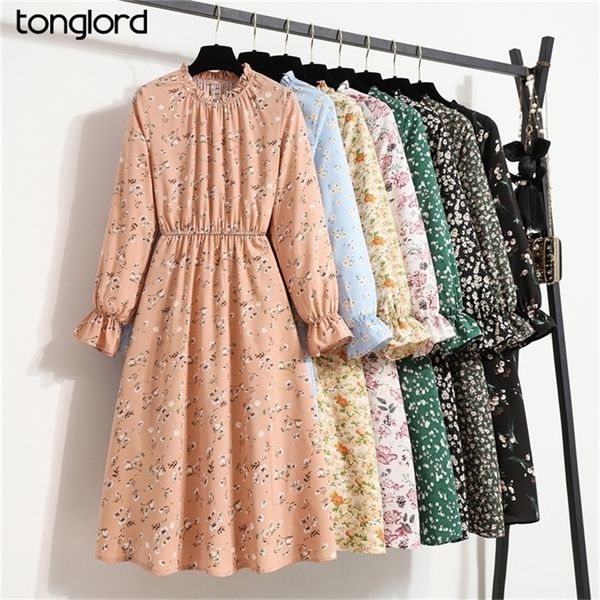 

women's chiffon dress female vintage floral printed long sleeve half turtleneck midi dresses spring autumn flare sleeve vestidos 220316, Black;gray
