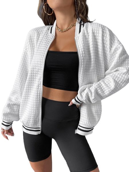 

striped trim drop shoulder textured bomber jacket x6ml#, Black;brown