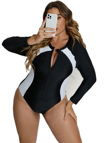 

plus two tone raglan sleeve zip up one piece swimsuit n7au#, White;black