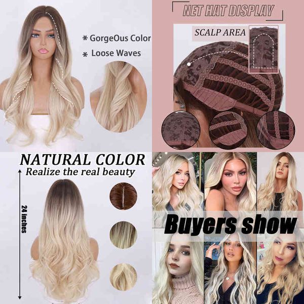 

nxy long wavy wig synthetic ombre light blonde platinum middle part hair natural heat resistant cosplay s for women 220622, Black