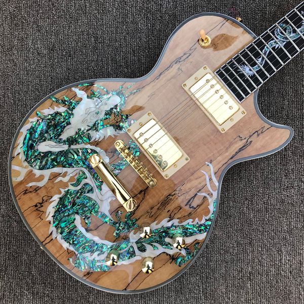 

custom lp electric guitar, gold hardware, dragon abalone inlaid rosewood fingerboard, dinosaur abalon decaying wood solid mahogany body gui
