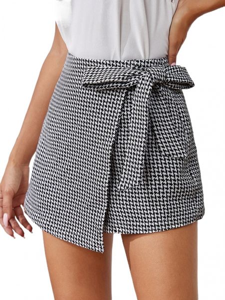 

houndstooth knot side wrap skort s7fn#, White;black