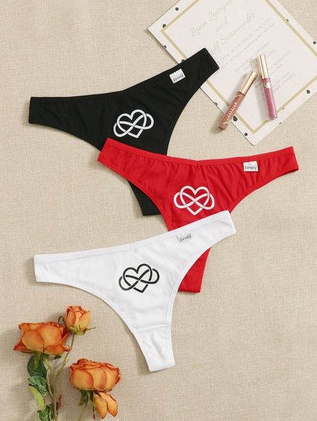 

plus 3pack heart & letter graphic panty j0sm#, Black;white
