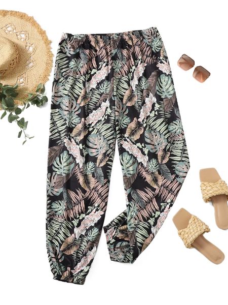 

plus tropical print carrot pants 45ik#, Black