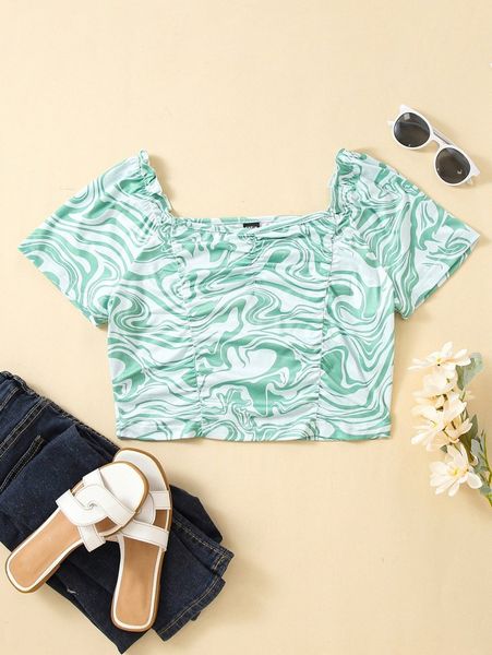 

marble print frill trim raglan sleeve crop tee w4zs#, White