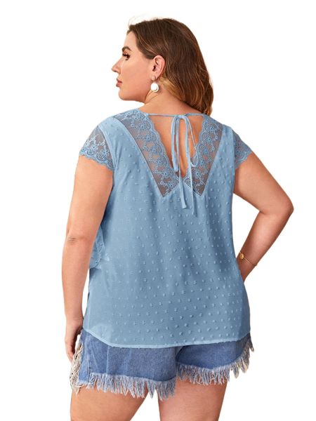 

plus swiss dot contrast lace tie back blouse 591t#, Black