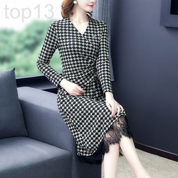 

casual dresses designer lace fake two thousand bird long sleeved jumpsuit 2021 autumn korean medium and bottomed skirt bfaj, Black;gray