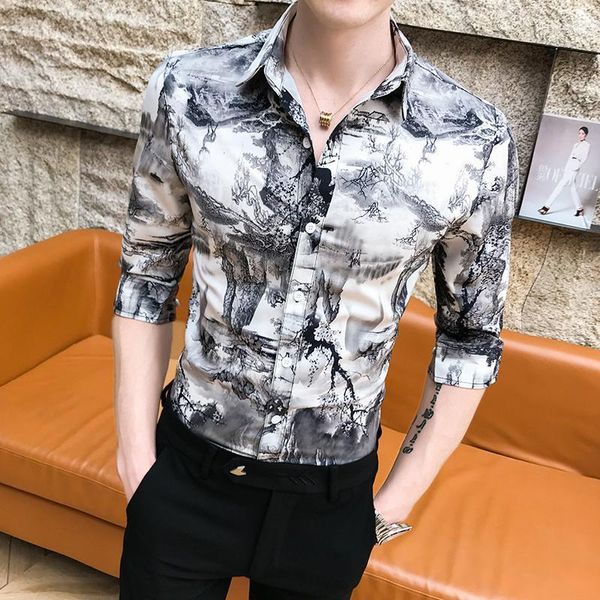 Camisas casuais masculinas verão moda pintura de paisagem para roupas masculinas 2022 simples meia manga slim fit blusa homme streetwear 3xl-m