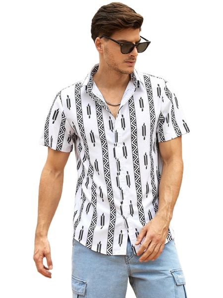 

men chevron & geo print shirt d3ax#, White;black