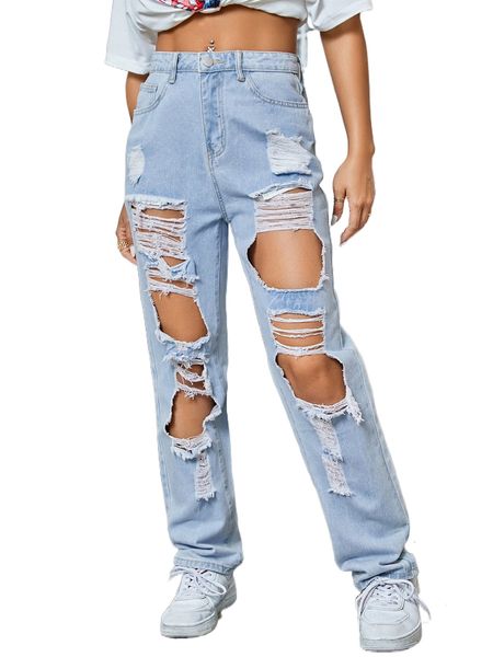 

high waist ripped mom jeans k30l#, Blue