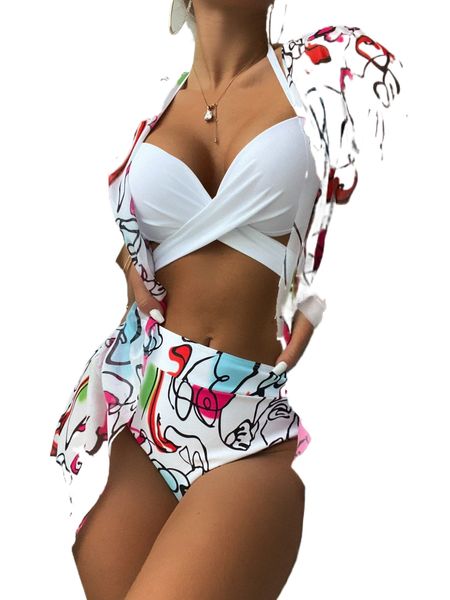 

allover print twist bikini swimsuit with kimono q4zd#, White;black