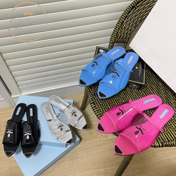 Designer-Hausschuhe, transparente Sandalen, Damen, bedruckte Plexiglas-Absätze, PVC-Slipper, Sommer-Slipper, Ledersohle innen, emaillierter Metall-Flachschuh