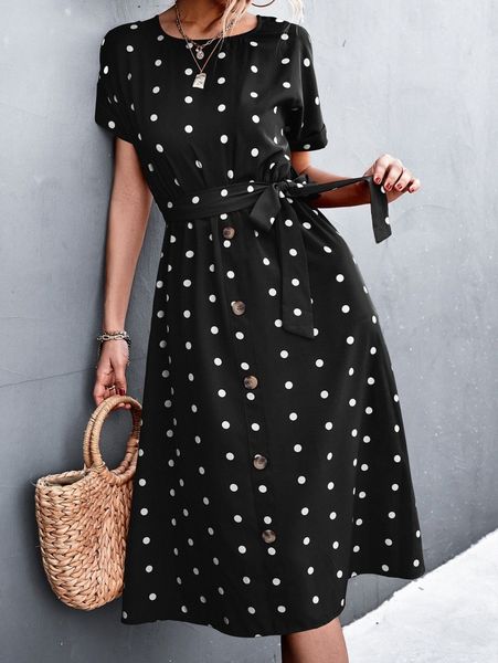 

polka dot dolman sleeve fake button belted dress o83g#, Black;gray