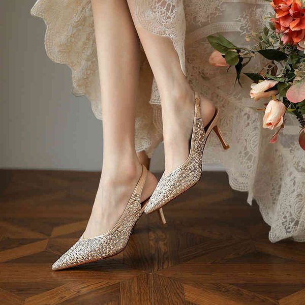 

sandals wedding shoes women's pointed thin high-heeled baotou sandals single do not drop drill does tire feet goddess 4llq, Black