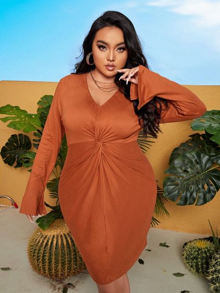 

sxy plus twist front split cuff dress m8bw#, Black