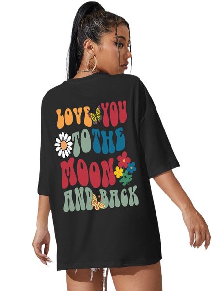 

slogan & floral print drop shoulder tee d70f#, White