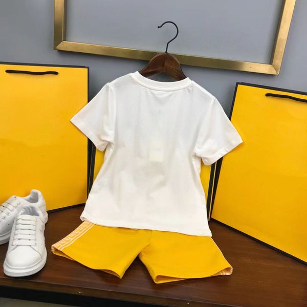 

child designer clothe sets childrens kids short sleeve t-shirt with letters bear bag print yellow shorts set suit brand boys clothing cotton, White