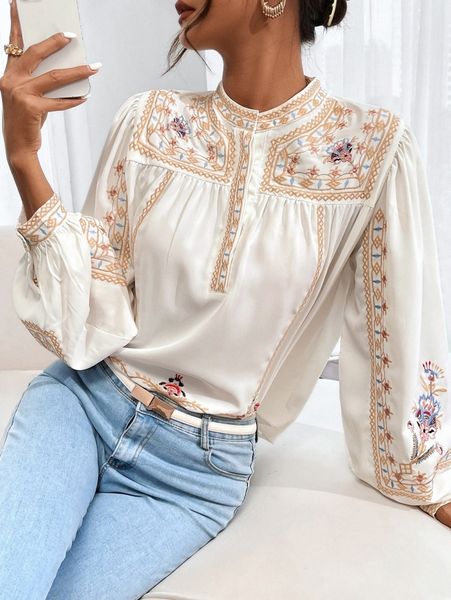 

floral embroidery mock neck blouse o5wz#, White