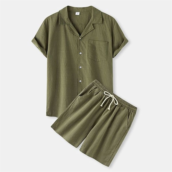 

men outfit set summer men s solid color short sleeved shirt shorts suit cotton and linen casual male 220708, Gray