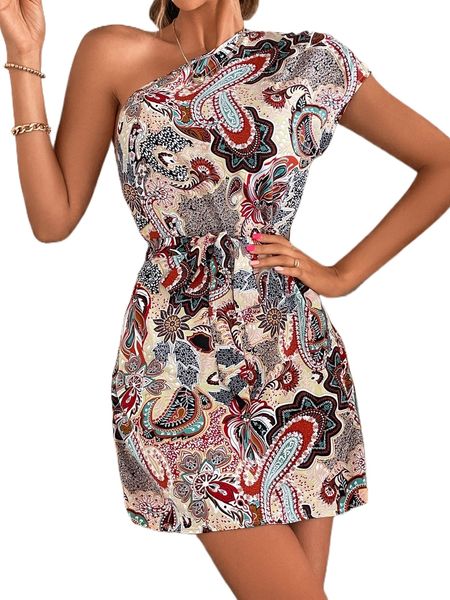 

paisley print one shoulder belted dress g02d#, Black;gray