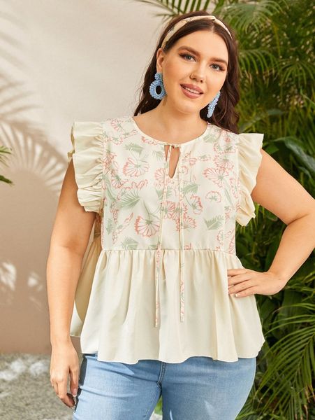

plus tie front ruffle trim floral print peplum p2p0#, Black