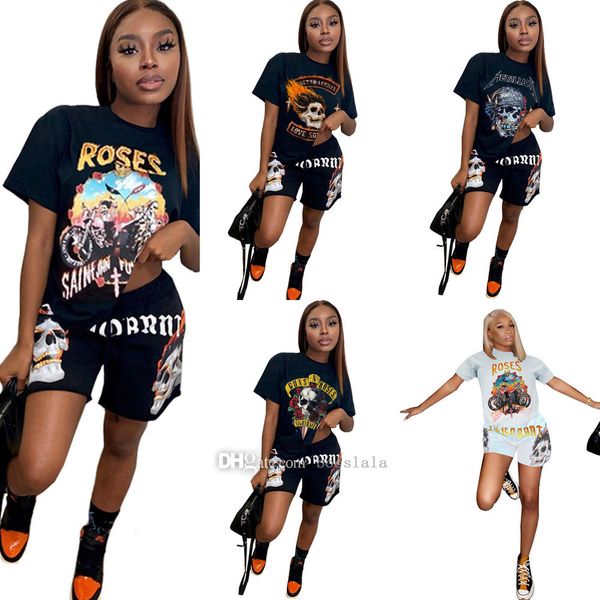 

european and american summer tracksuits new womens streetwear sleeved skull printing two piece shorts set, Gray