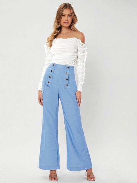 

off the shoulder frill trim lace up ruched tee 2305#, White