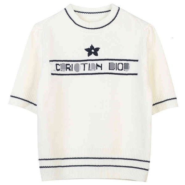 

women's sweaters autumn and winter women's wear round neck short sleeve contrast stripe letter embroidery loose temperament knitte, White;black