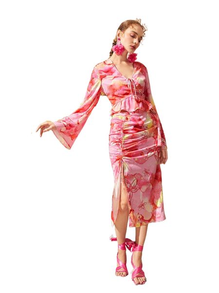 

x becci floral flounce sleeve tie front blouse & drawstring skirt set c7na#, White