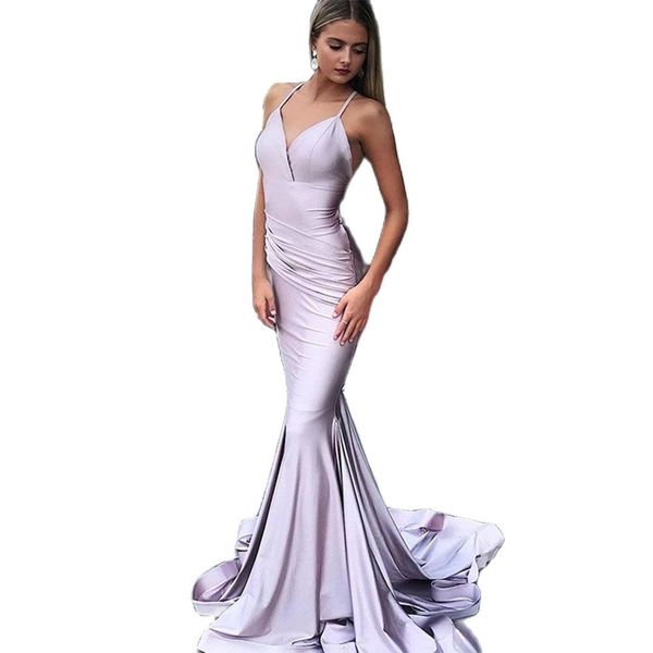 

spaghetti straps v-neck satin prom dresses mermaid women backless cocktail party gowns sweep train robes de soiree, Black