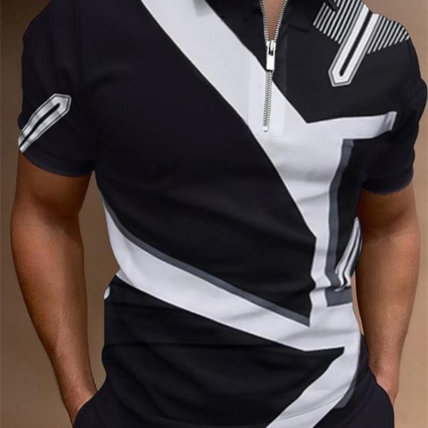 

men polo shirts summer casual daily short sleeve striped mens shirts turndown collar zippers tees men 220708, White;black