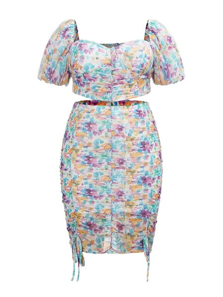 

plus allover floral print puff sleeve ruched & tie front skirt p2re#, Black