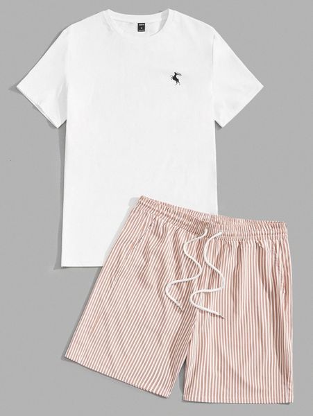 

men deer print tee & striped shorts q6is#, Gray