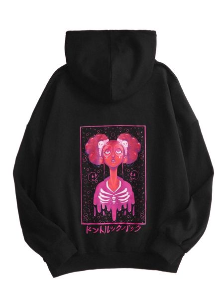 

x stayhella letter & figure graphic drawstring hoodie a84b#, Black