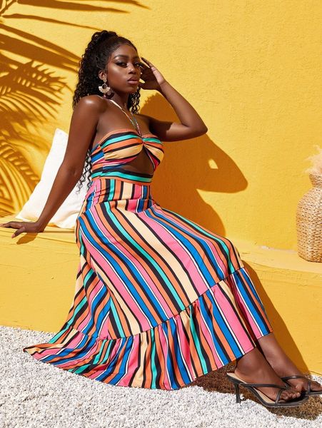 

sxy striped print cut out front ruffle hem halter dress u9cd#, Black;gray