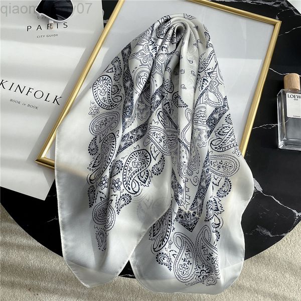 

2022 silk square scarf soft handkerchief female neck foulard design print women bandana scarf lady wrap spring summer new l220802, Blue;gray