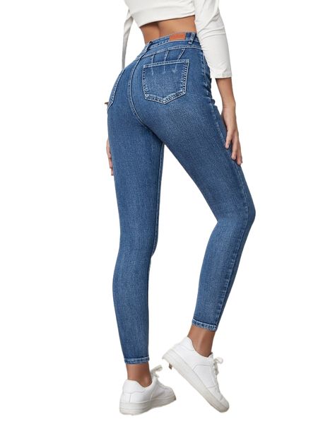 

high waist patched detail skinny jeans t0do#, Blue