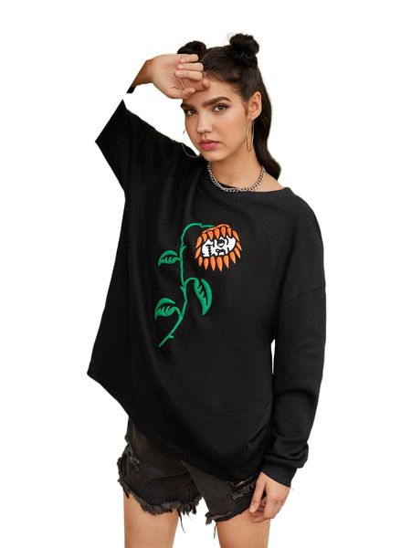 

x dooom skeleton print drop shoulder sweatshirt h8mv#, Black