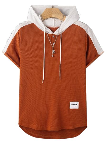 

men colorblock letter patched detail high low hem drawstring hooded tee p2ec#, White;black