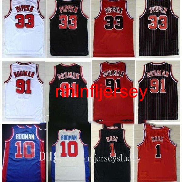 Dikişli Kolej Forması Nakış 33 # Scottie Pippen Gömlek Erkek Basketbol Formaları Kırmızı Beyaz Siyah Şerit 91 # Dennis Rodman Jersey S-XXL