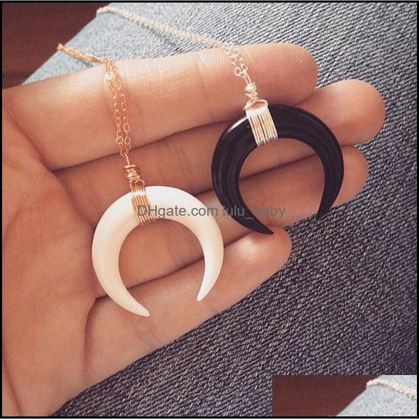 Anhänger Halsketten Liduo Neue Mode Elfenbein Knochen Weiß Schwarz Farbe Mond Für Frauen Crescent Doppel Horn Choker Baby Dhjlj