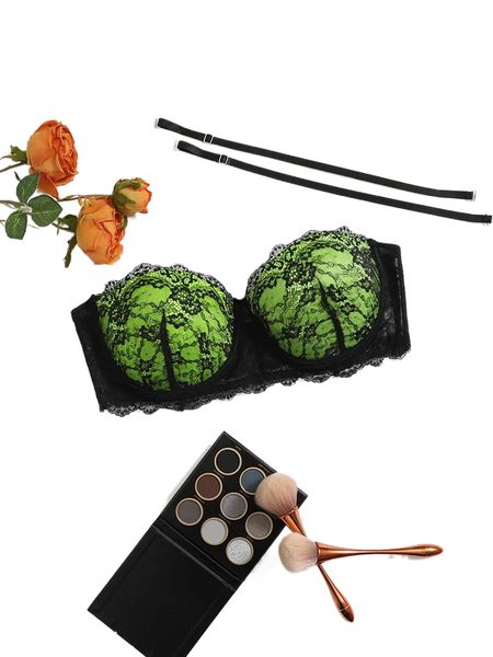 

plus floral lace underwire tube bra with 1pair strap u7sg#, Black;white