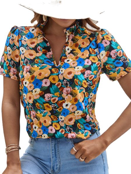 

floral print notched neck blouse e65s#, White