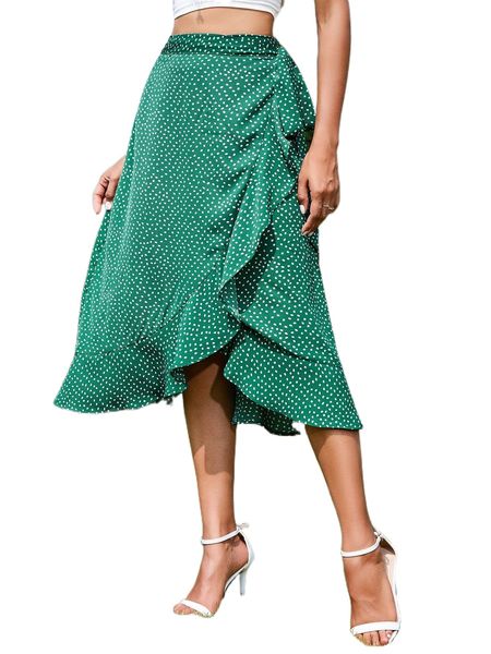 

allover print ruffle trim tie side wrap skirt v3f0#, Black