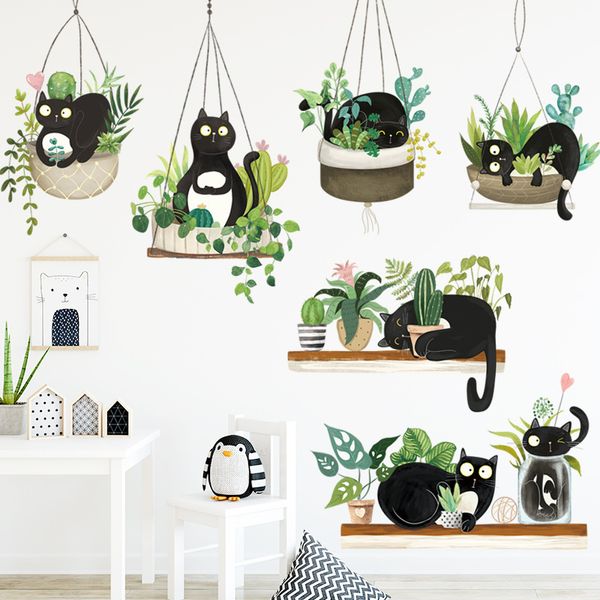 Adesivi murali cesto appeso gatto nero per soggiorno camera da letto cucina arredamento armadio piastrelle fai da te decalcomanie decorative arte murales 220607