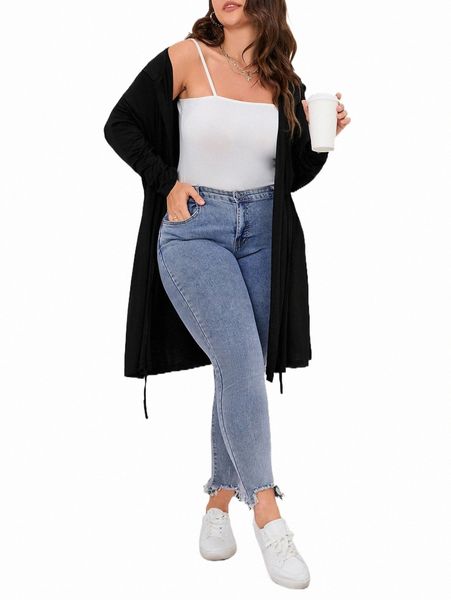 

plus solid drawstring waist coat 23mq#, Black