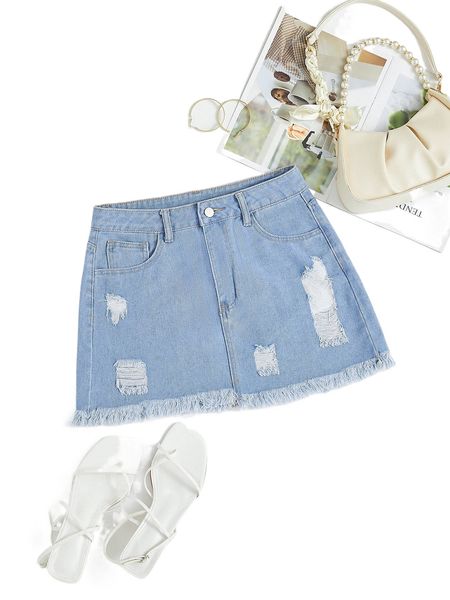 

ripped raw hem a-line denim skirt m0w2#, Black