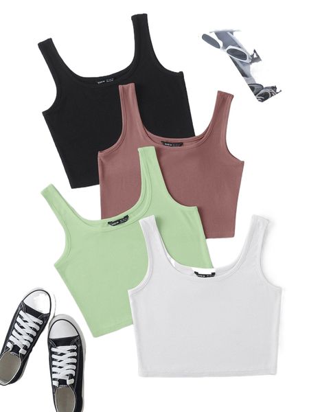 

plus 4pcs rib knit crop tank c9vk#, Black