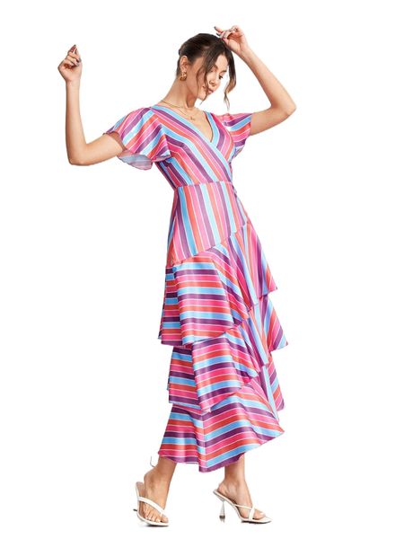 

x rachel elle block striped butterfly sleeve layered hem dress n1bi#, Black;gray