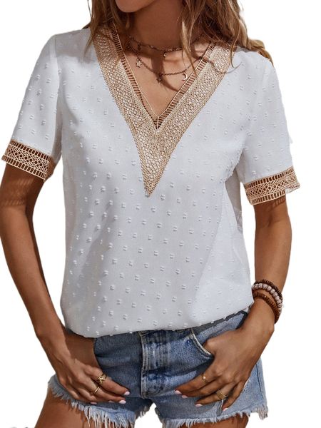 

swiss dot contrast lace blouse g55n#, White